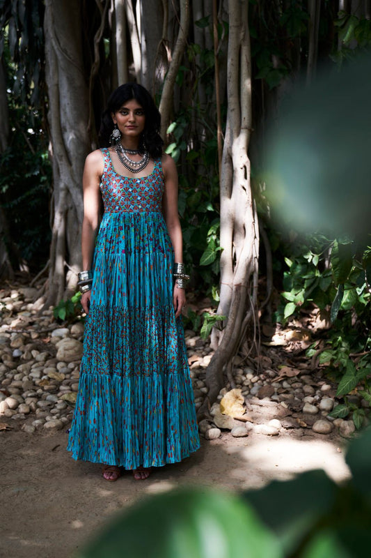 Turquoise Satin Silk Tiered Dress