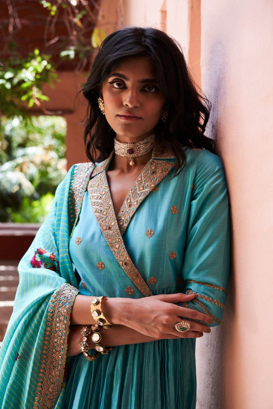 Turquoise Silk Chanderi Angrakha Set