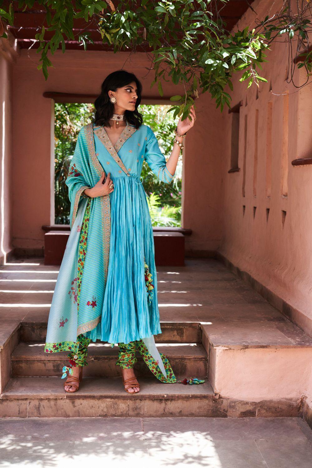 Turquoise Silk Chanderi Angrakha Set