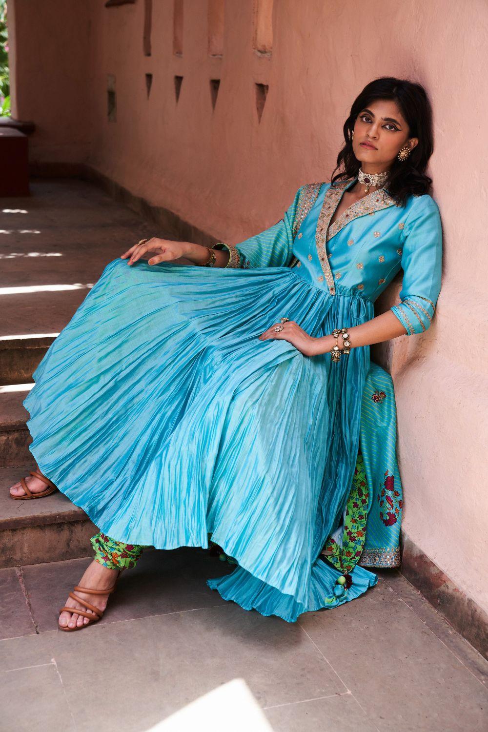 Turquoise Silk Chanderi Angrakha Set