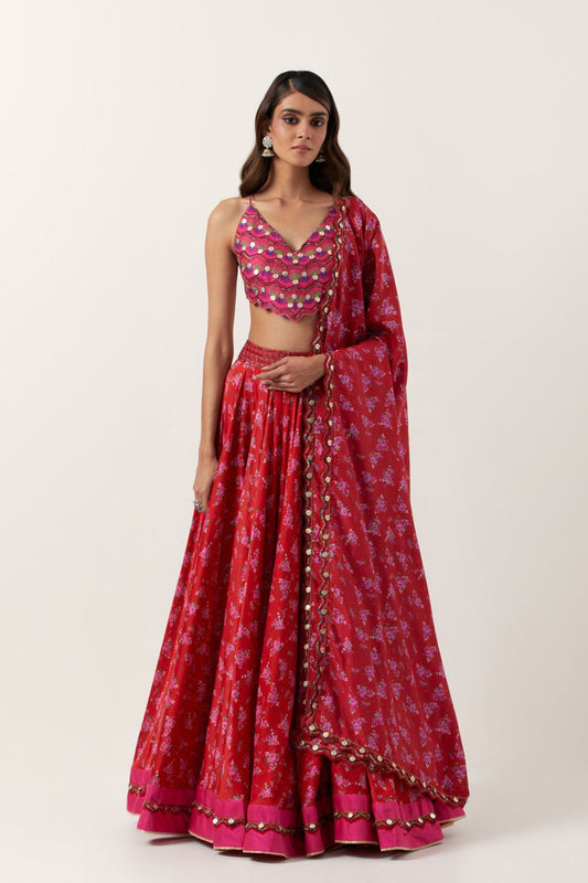 Surkh Laal Floral Lehenga Paired With Top & Dupatta