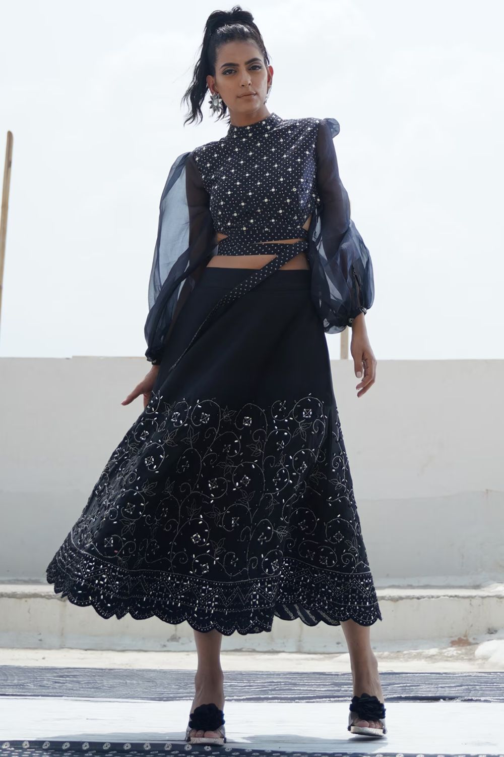 Black Top With Embroidered Skirt