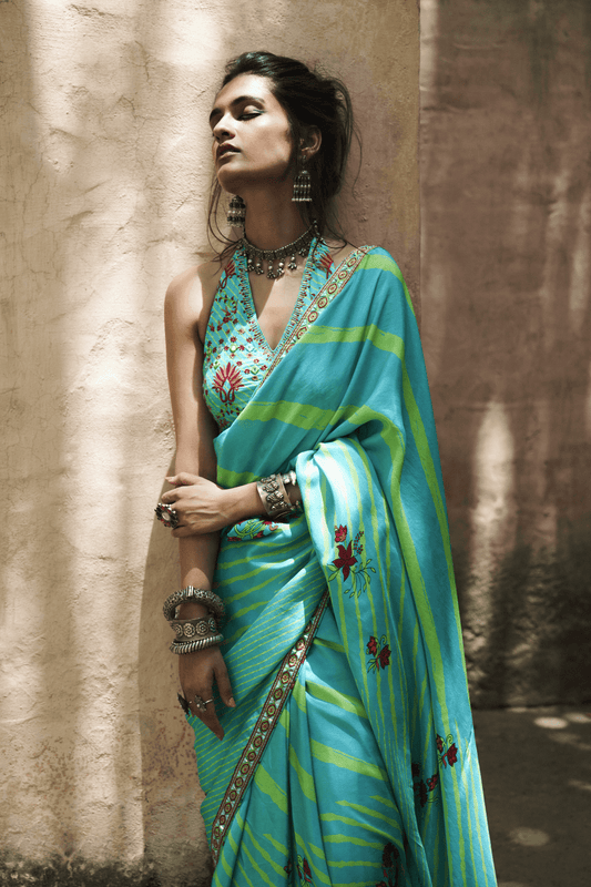 Turquoise Satin Silk Printed Saree