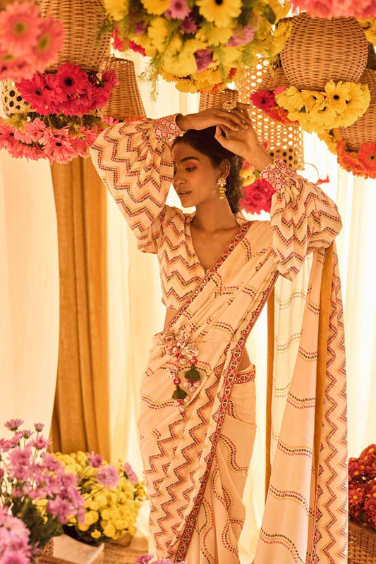 Blush Pink Printed Saree With Cuff Sleeve Blouse