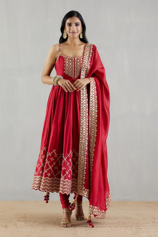 Red Strappy Heavy Anarkali  With Organza Silk Dupatta