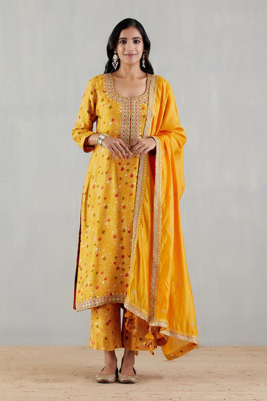 Mustard Printed Kurta With Organza Silk Dupatta And Pants