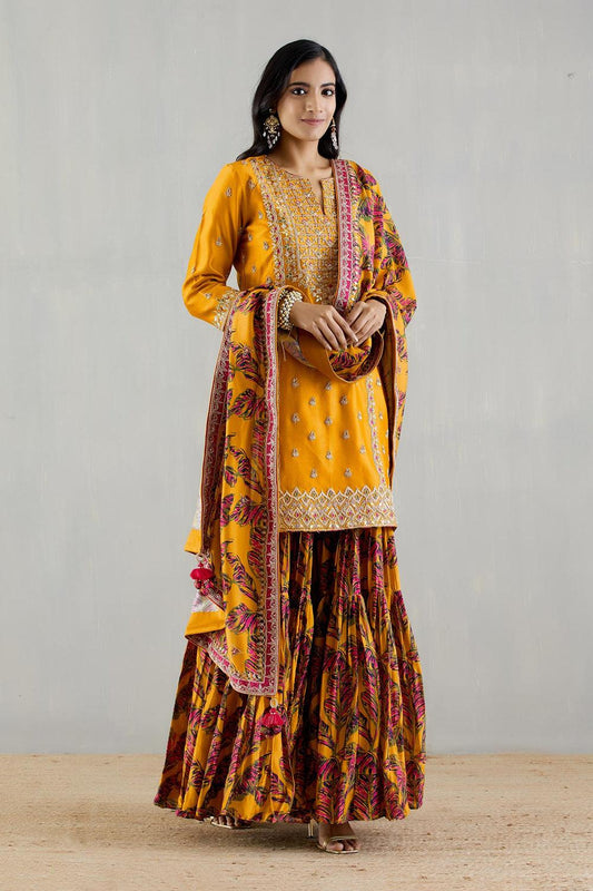 Mustard Kurti With Printed Gharara And Dupatta