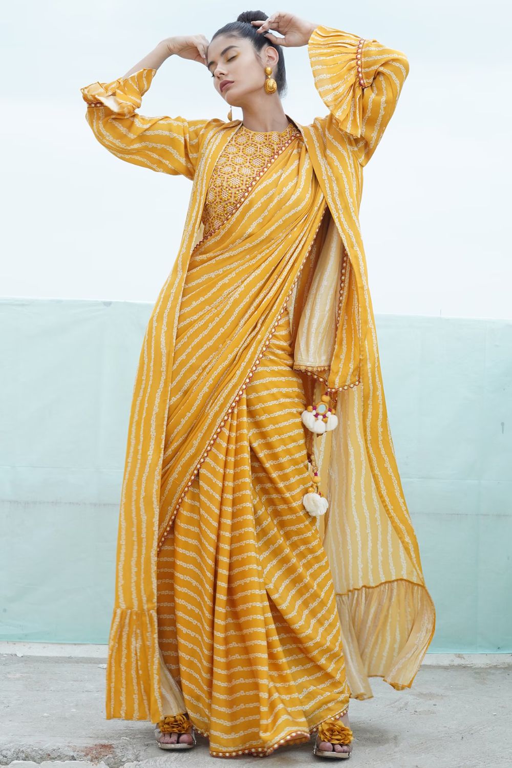 Mustard Yellow Embroidered & Printed Saree Set With Cape