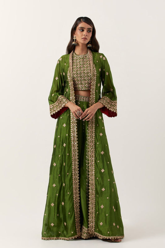 Pickle Green Sharara Paired With Blouse & Cape