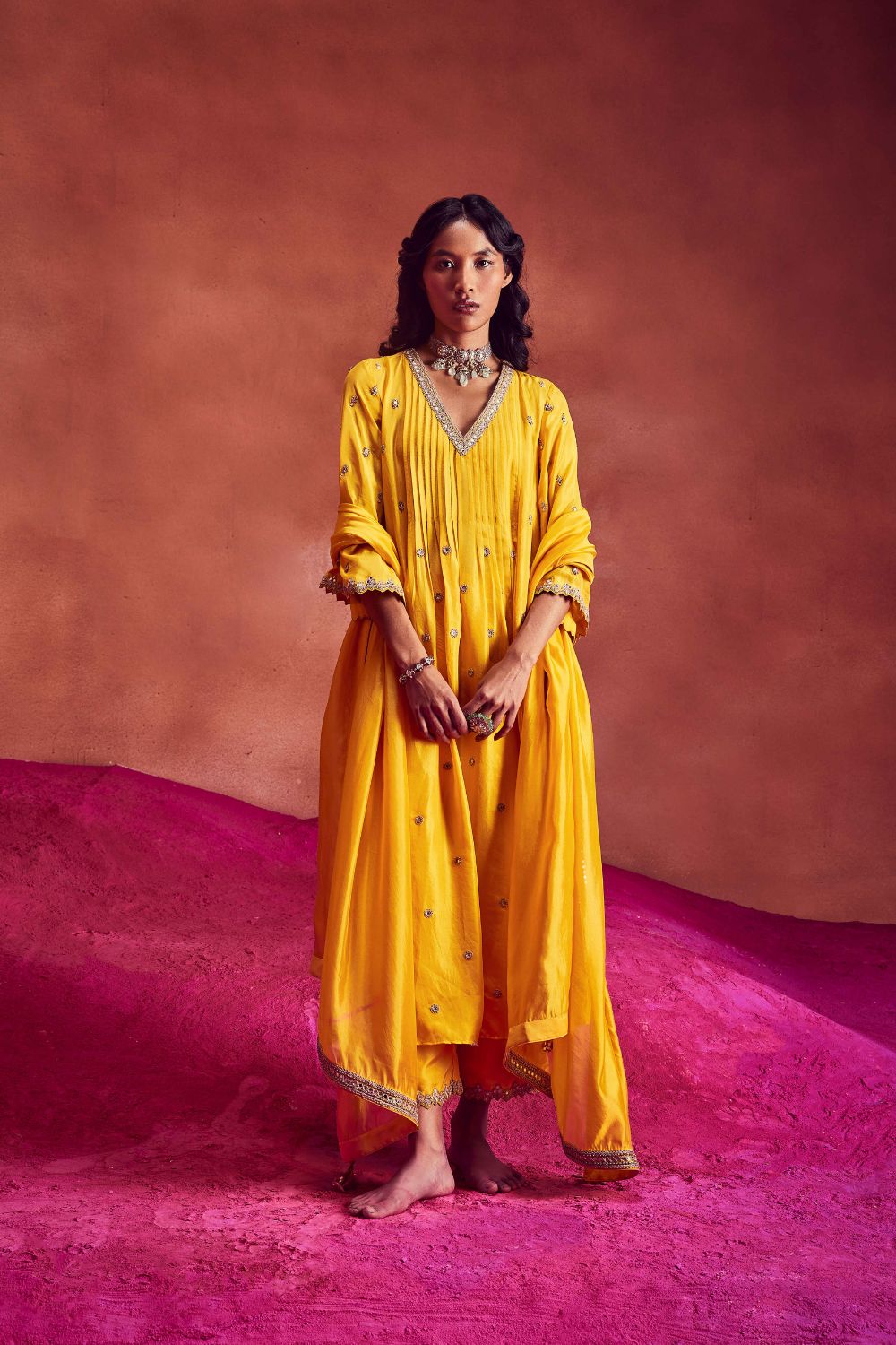 Yellow Silk Anarkali With Pants & Dupatta