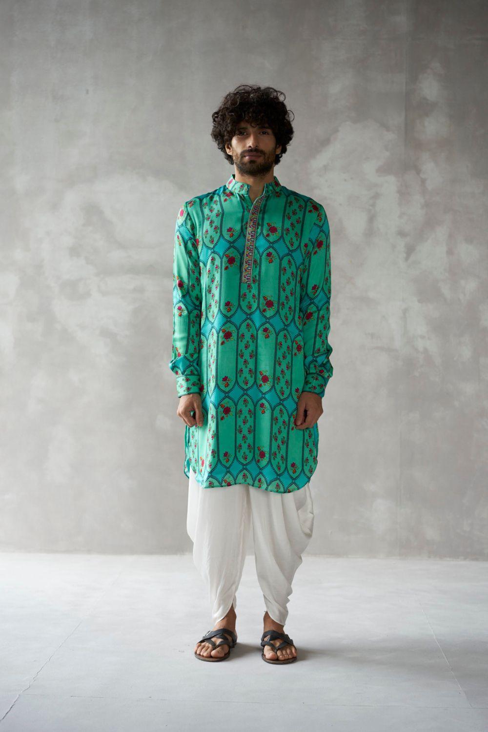 Turquoise Kurta And Silk Satin Dhoti Pants