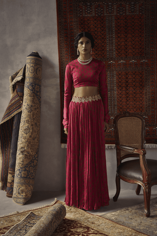 Cherry Red Satin Silk Crop Top And Skirt Set