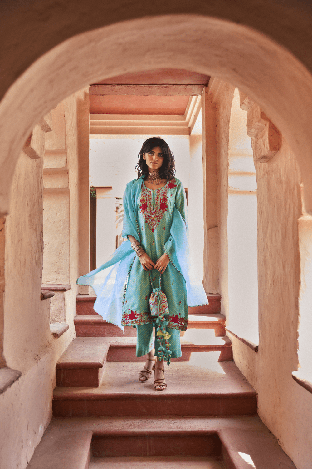 Turquoise Silk Chanderi Kurta Set