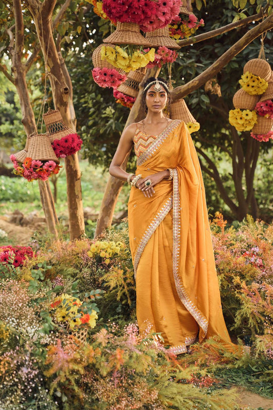 Mustard Organza Silk Saree With Embellished Blouse