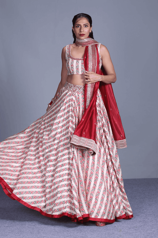 Printed Lehenga Buttercup With Red Dupatta