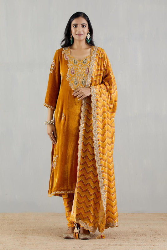 Mustard Velvet Kurta With Printed Dupatta