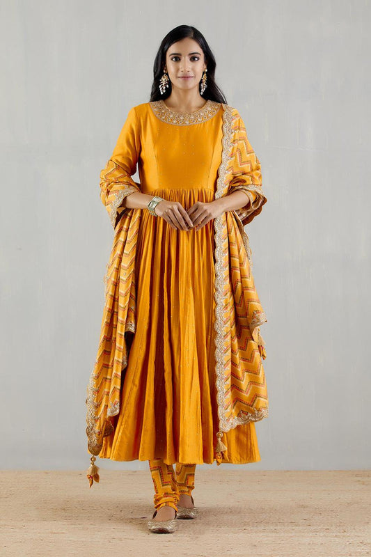 Mustard Anarakli  With Printed Dupatta And Chudidar