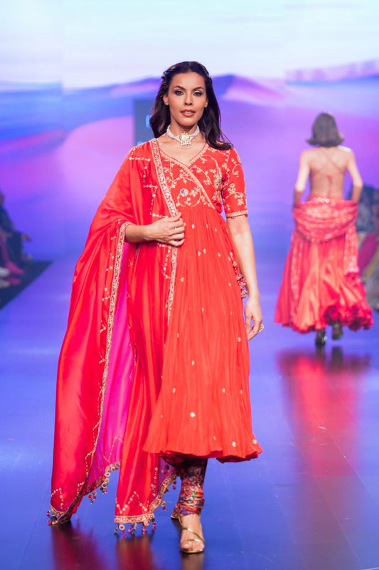 Surkh Laal Hand Embroidered Angrakha Paired With Printed Gharara & Dupatta