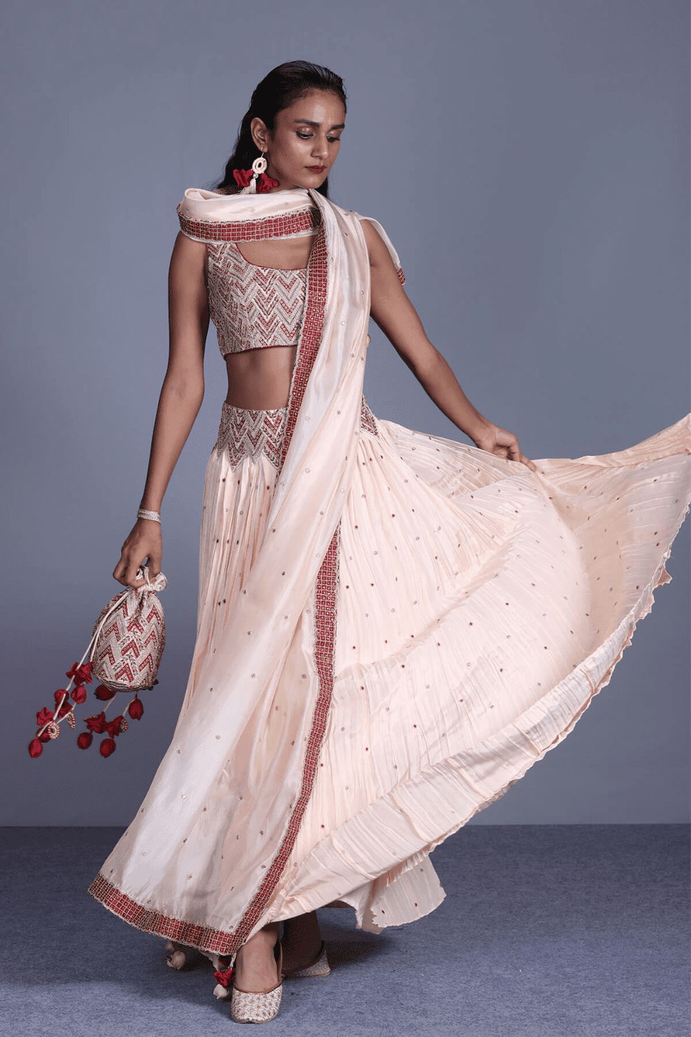 Peach Crushed Lehenga Hand Embellished Blouse