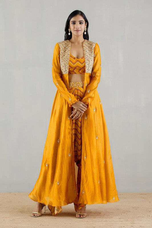 Mustard Embellished Organza Cape With Bralette And Cowl Pants