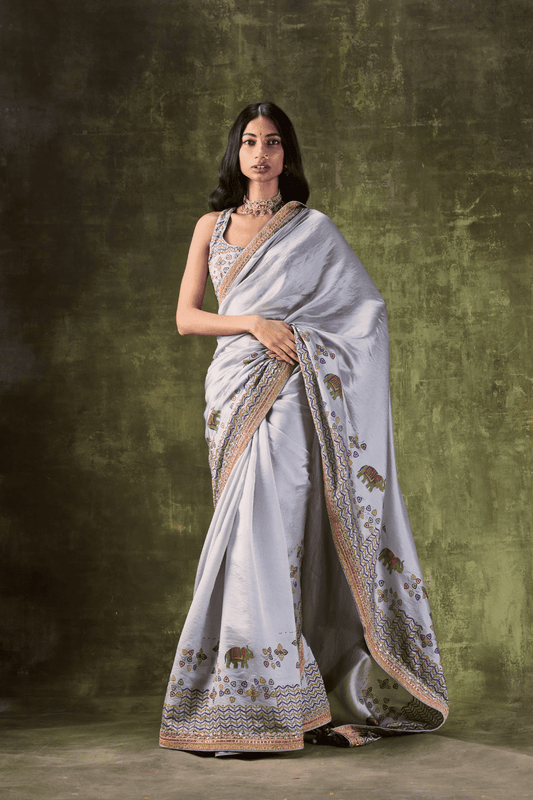 Grey Printed Dori & Zardozi Work Saree