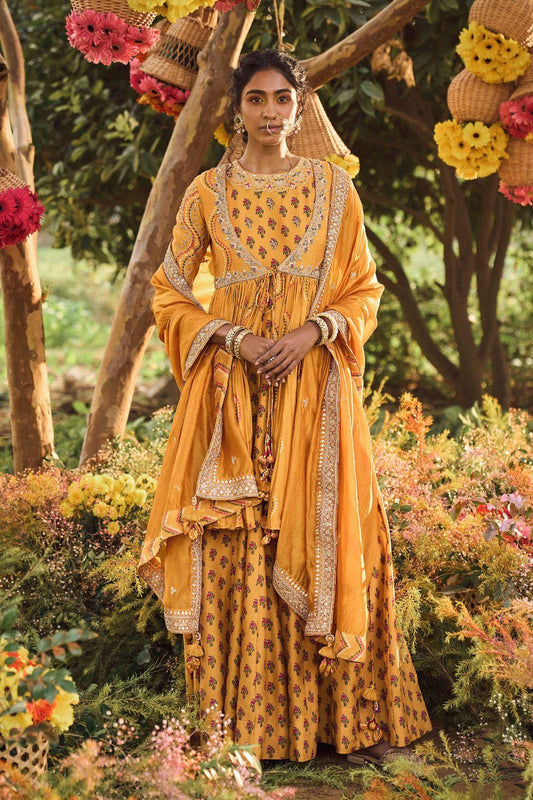 Mustard Printed Long Anarkali With Angrakha Jacket And Organza Silk Dupatta