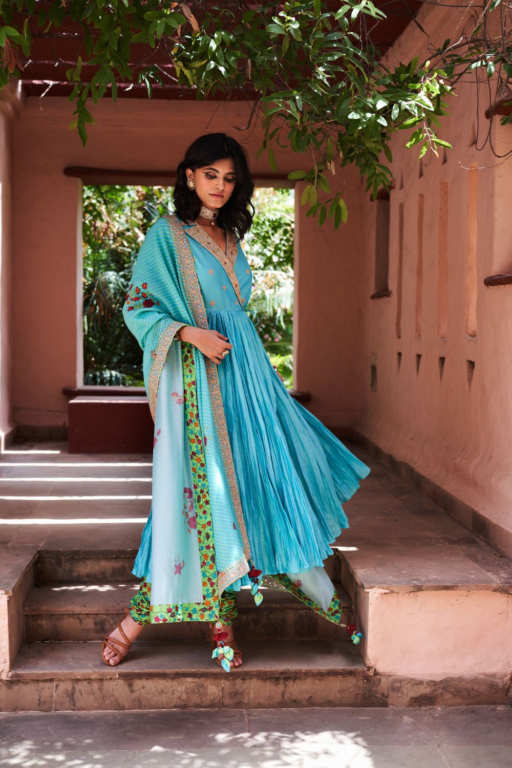 Turquoise Silk Chanderi Angrakha Set