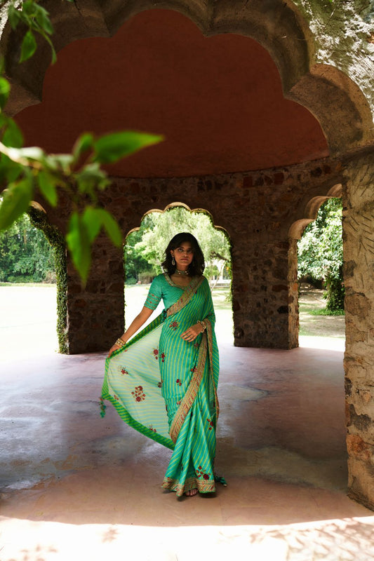 Turquoise Satin Silk Saree