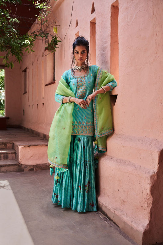 Turquoise Silk Chanderi Short Kurti and Gharara Set