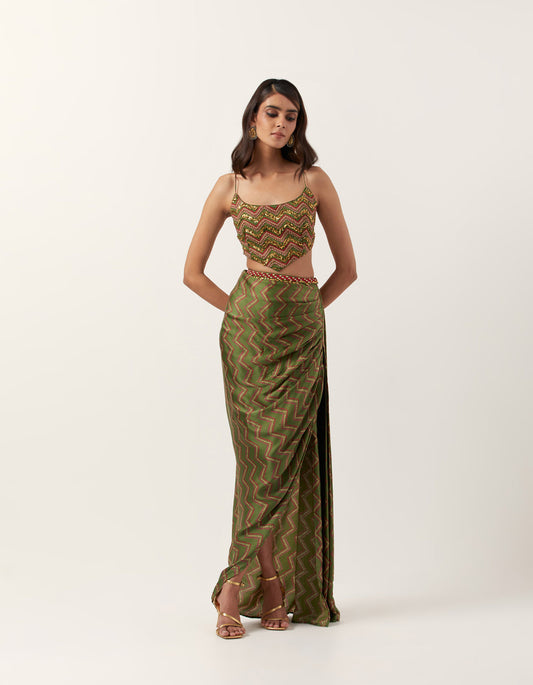 Pickel Green Draped Skirt With Top