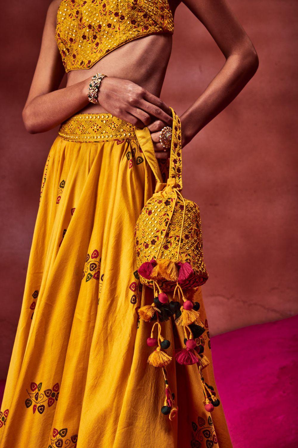 Yellow Resham Embroidered Potli