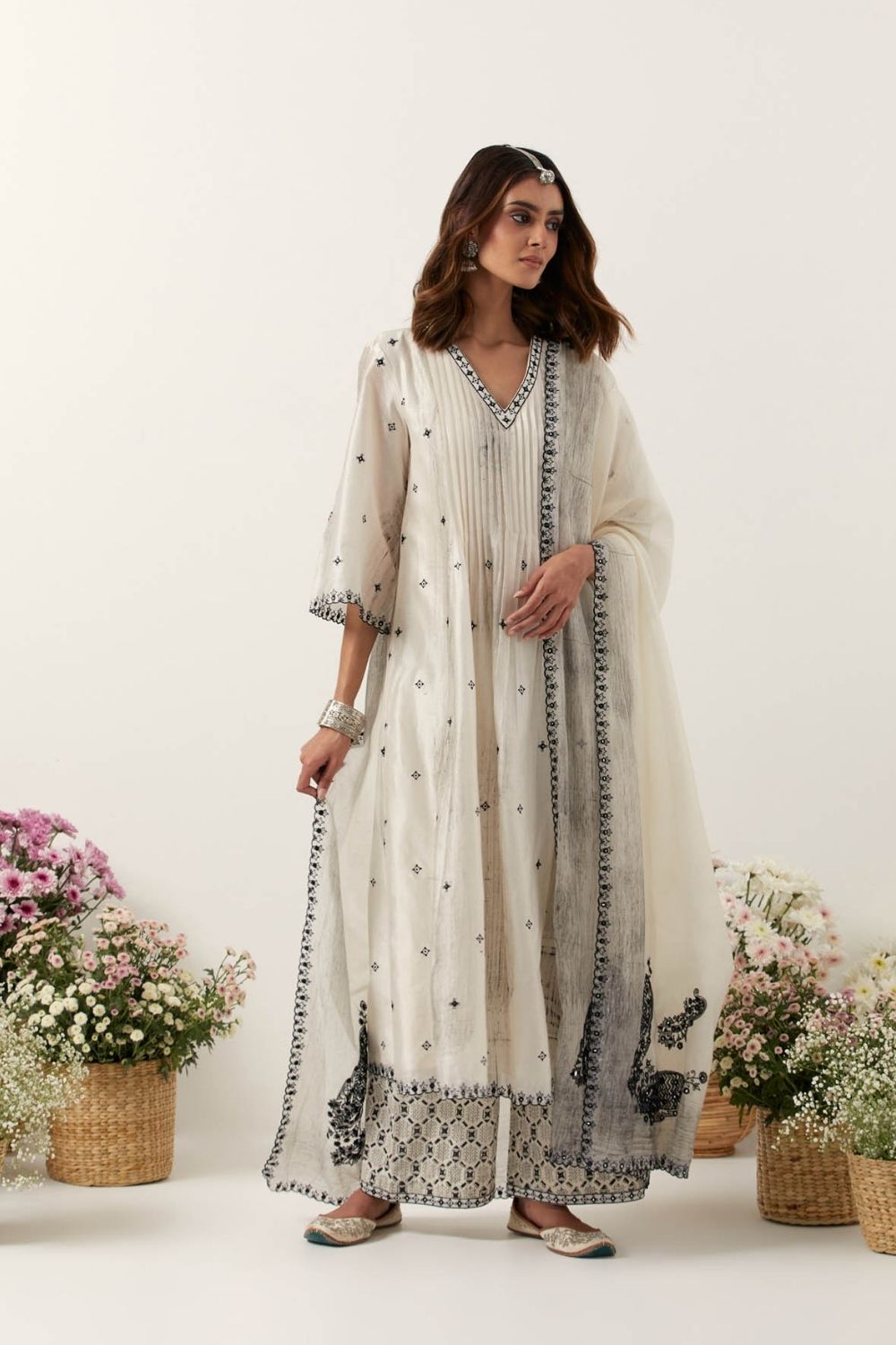 Ivory Anarkali Paired With Pants & Dupatta