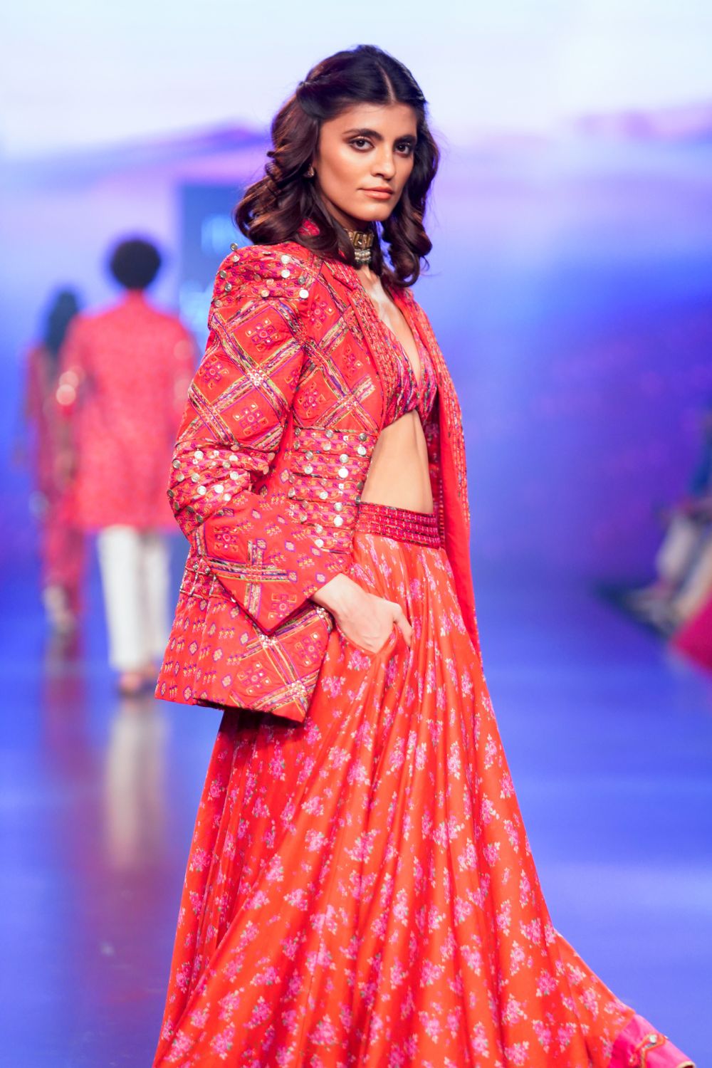 Surkh Laal Patchwork Jacket Paired With Floral Printed Skirt & Blouse