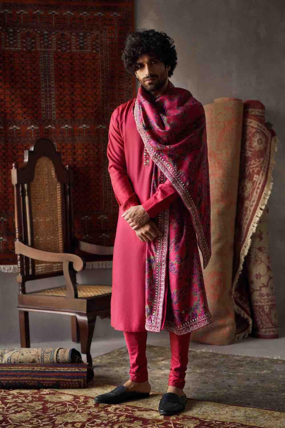 Cherry Red Tussar Silk Kurta With Churidar And Dushala Set – Punit Balana