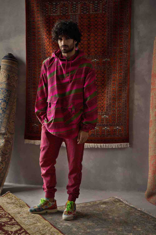 Cherry Red Linen Oversized Hoodie With Joggers Pants