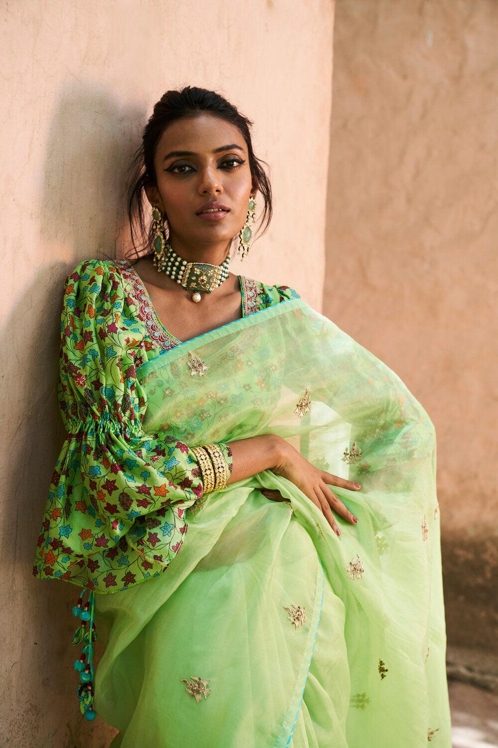 Lime Green Organza Silk Saree