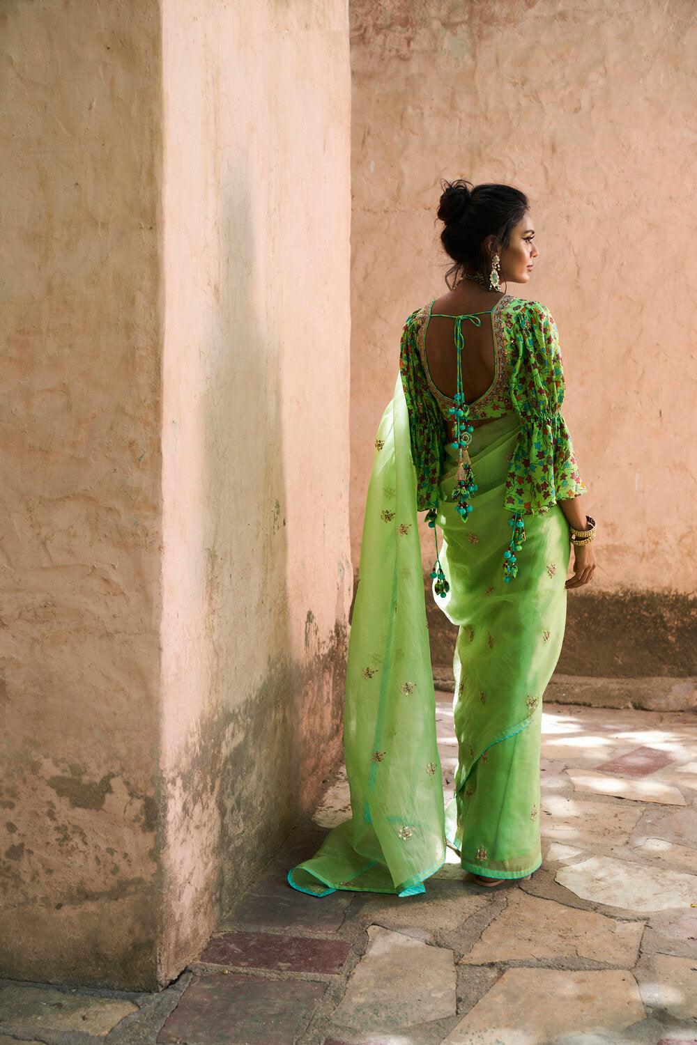 Lime Green Organza Silk Saree