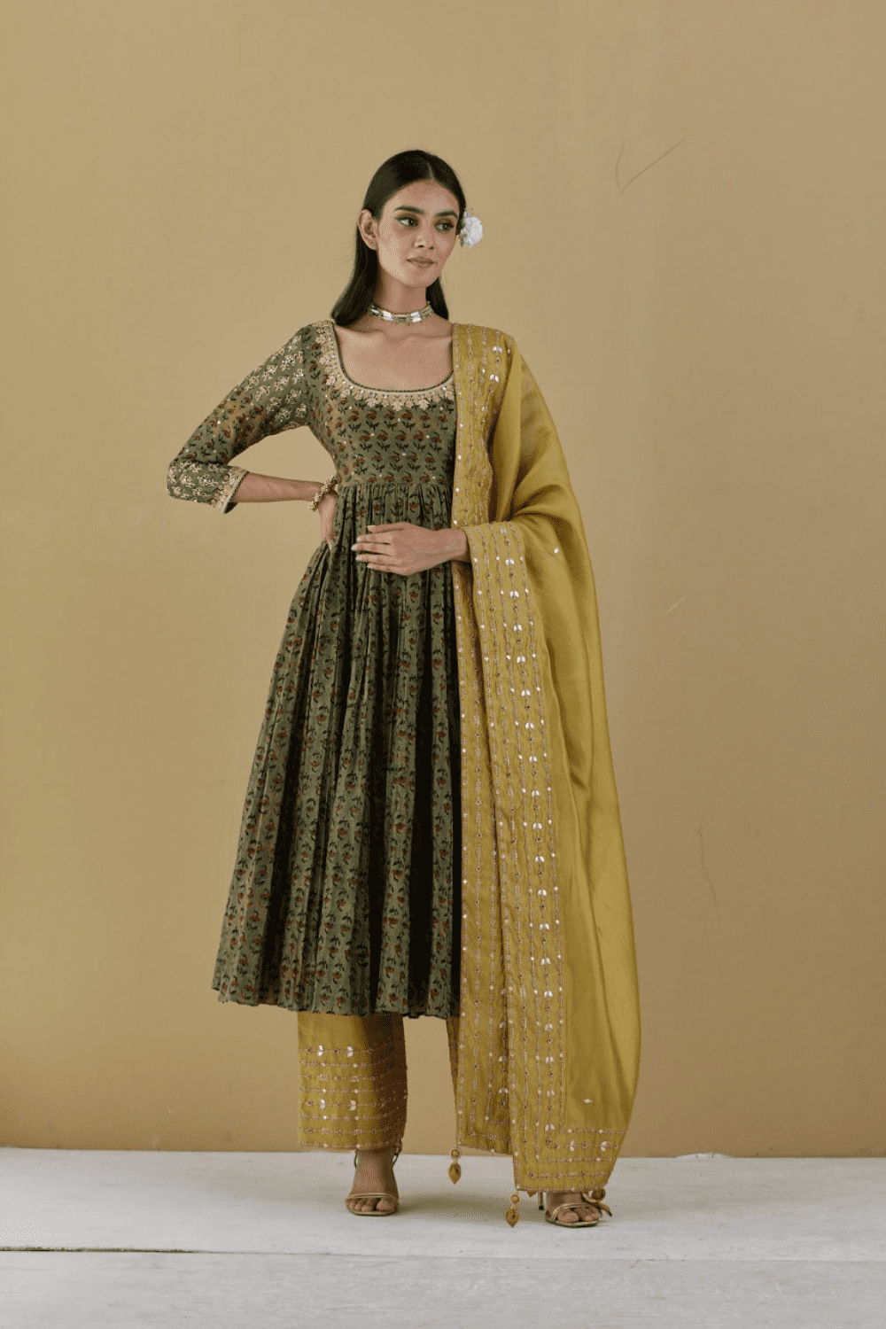 Dry Heena Green Anarkali Paired With Hand Embroiderd  Pants and Heavy  Work Dupptta