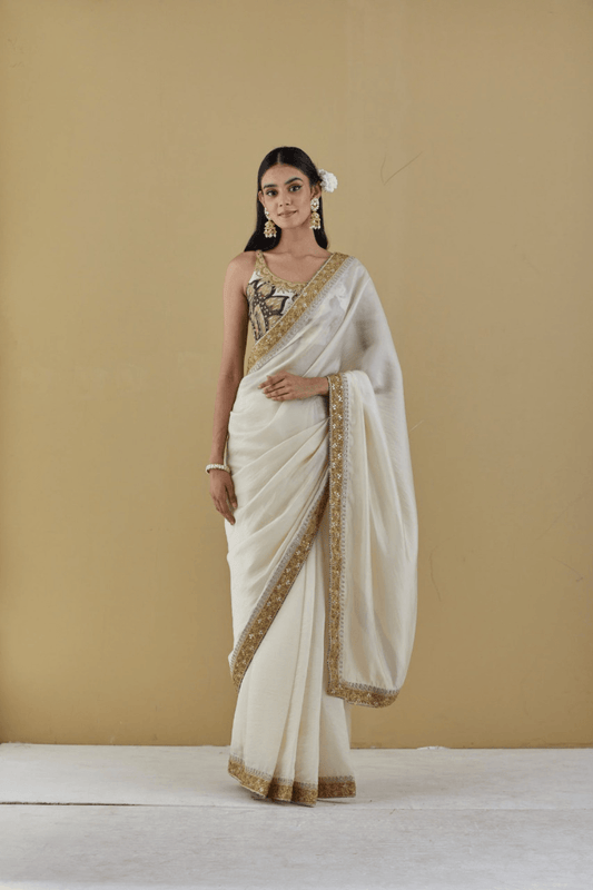 Ivory Saree With Heavy Embroidery Border with Printed Highlight Blouse