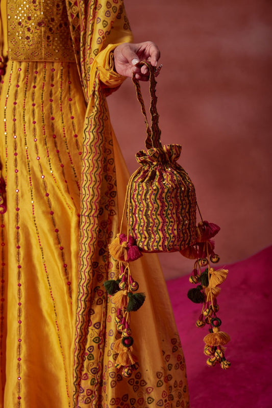 Yellow Marodi Work Embroidered Potli