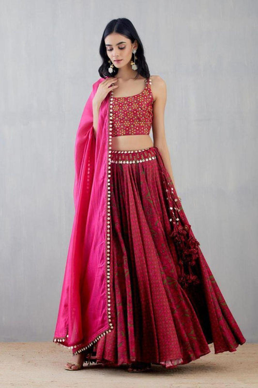 Cherry Red Printed Lehenga With Blouse & Dupatta