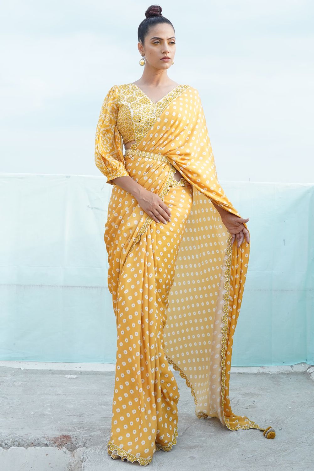 Mustard Yellow Embroidered & Printed Saree Set With Belt