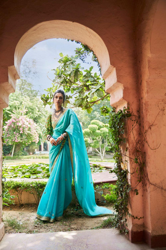 Turquoise Organza silk Saree