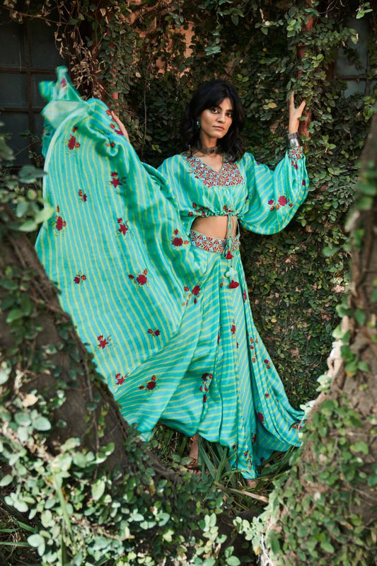 Turquoise Satin Silk Resham and Mirror Work Loose Top and Skirt Set