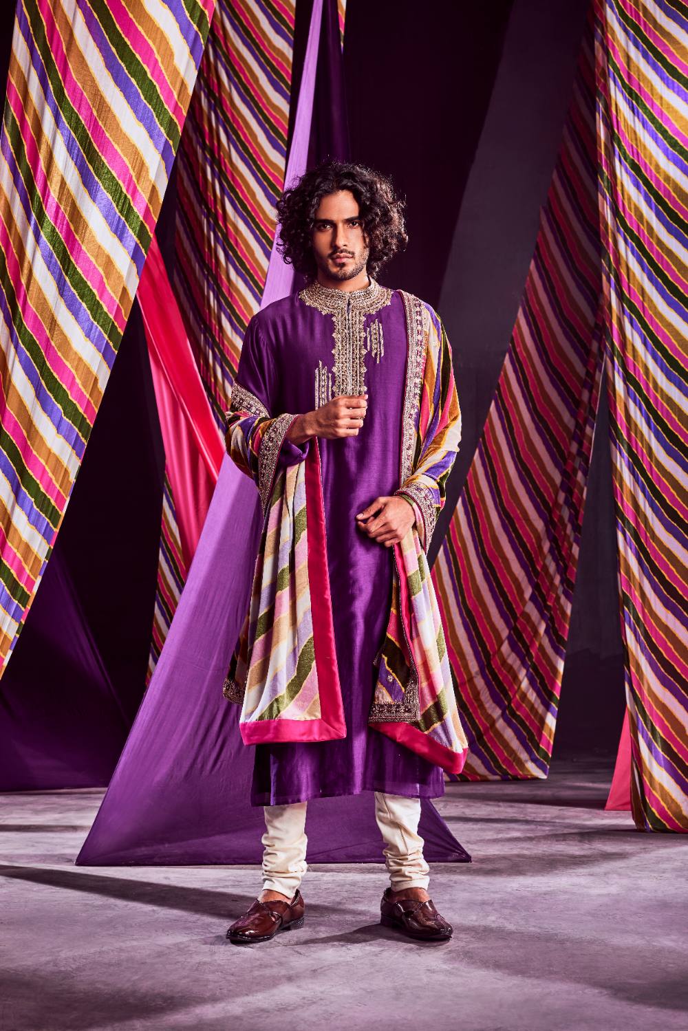 Purple Heavy Kurta With Stripes Dushala & Churidar