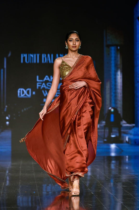 Brick Red Embroidered Saree with Strappy Blouse