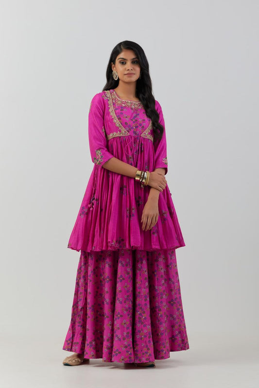 Hot Pink Angrakha Jacket With Long Anarkali Set