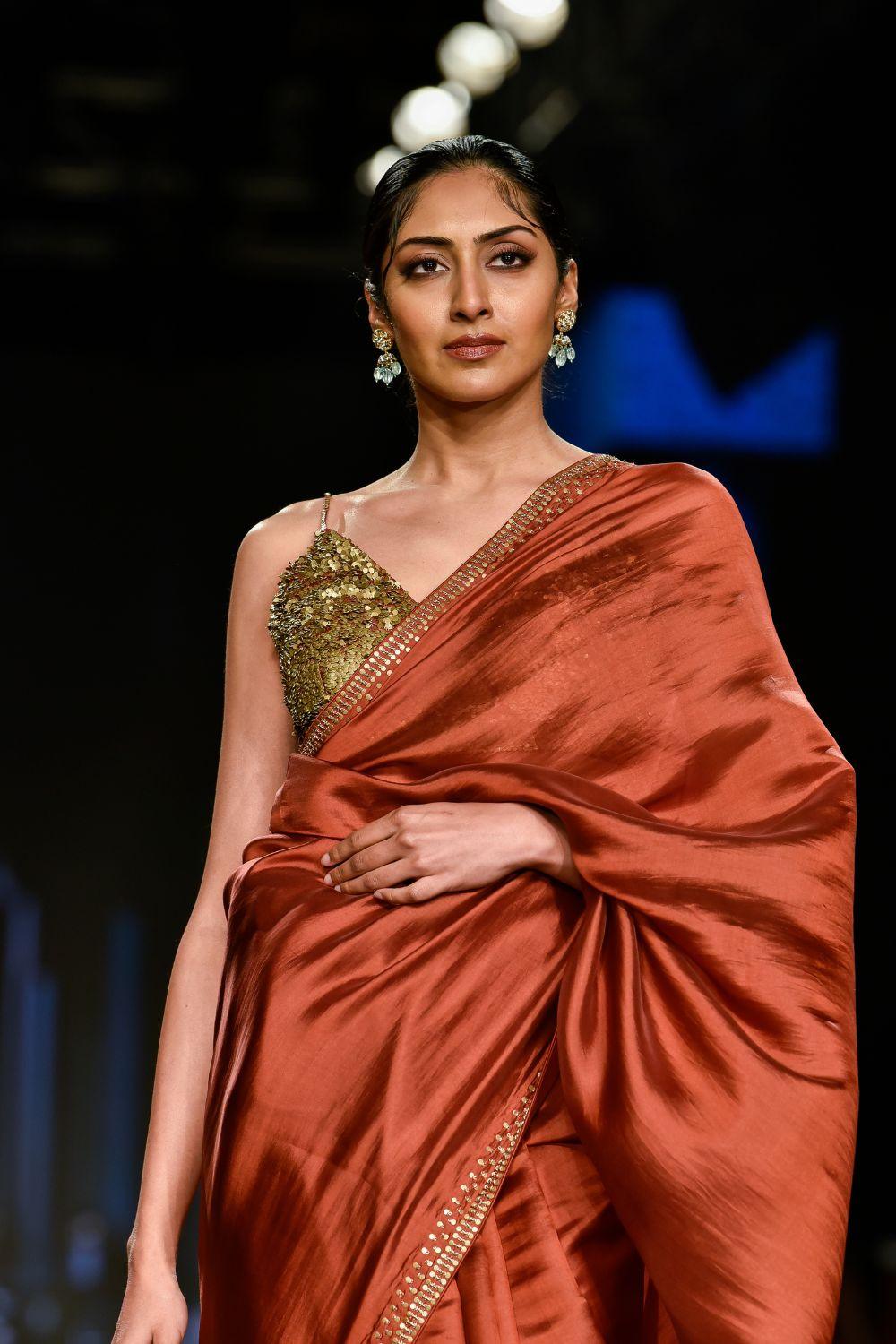 Brick Red Embroidered Saree with Strappy Blouse