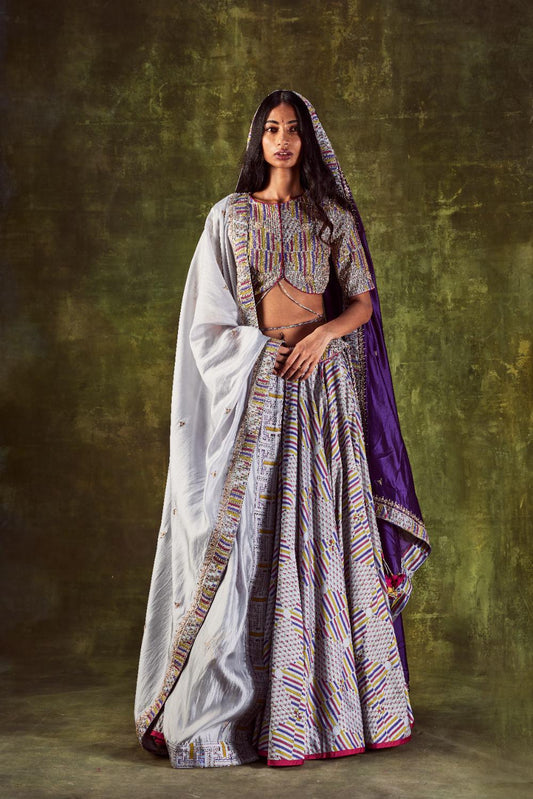 Grey Printed Lehenga Set