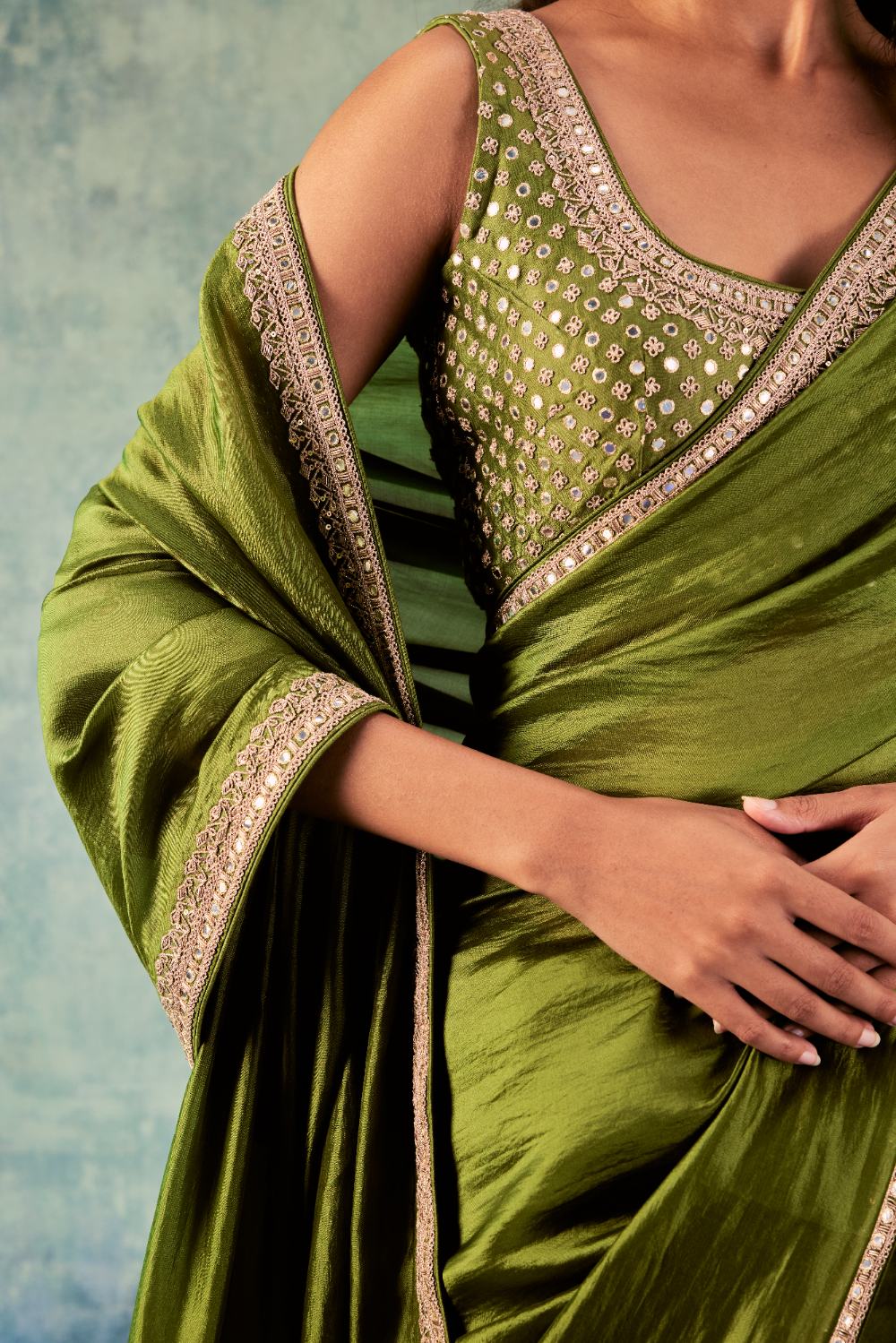 Buy Dusty Olive Green Banarasi Silk Saree For Women Online